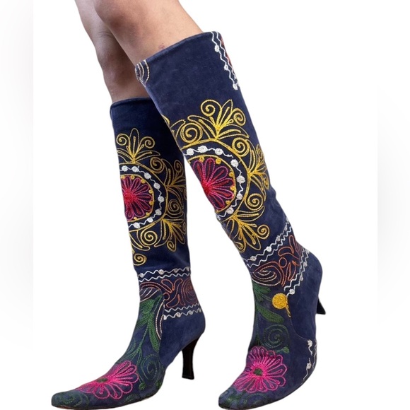 TURKISH 60s NAVY BOHO  western🪬 heeled embroidered BOOTS - Picture 2 of 7